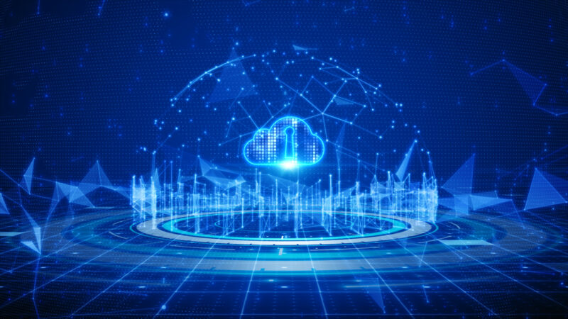 Digital data network connection cloud computing and global communication. 5g high speed connection data analysis. Technology data binary code network conveying connectivity on a blue background.